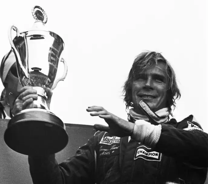 James Hunt celebrates victory at the 1976 Dutch Grand Prix, held on his 29th birthday.