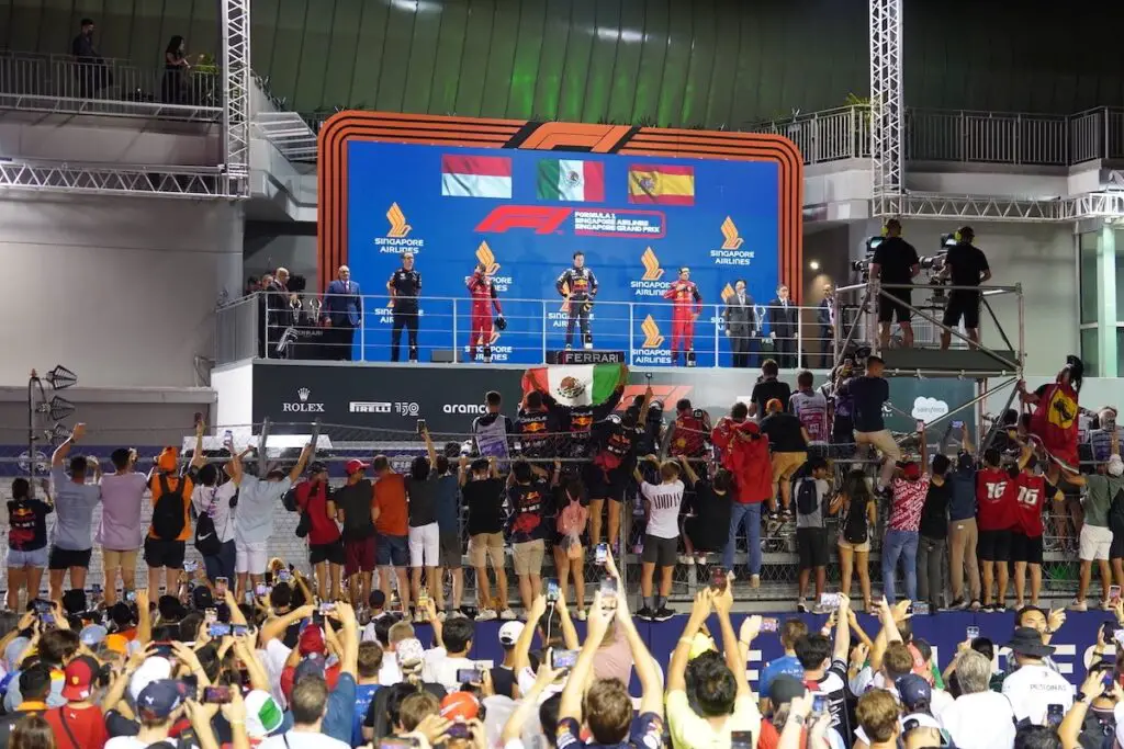 The top three on the Marina Bay Circuit podium after the 2022 Singapore Grand Prix