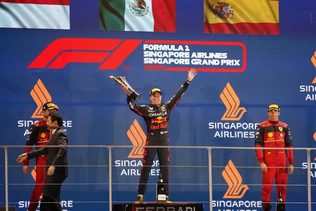 Sergio Perez recorded Red Bull's 11th consecutive podium at Marina Bay Circuit. Image: © Andrew Balfour