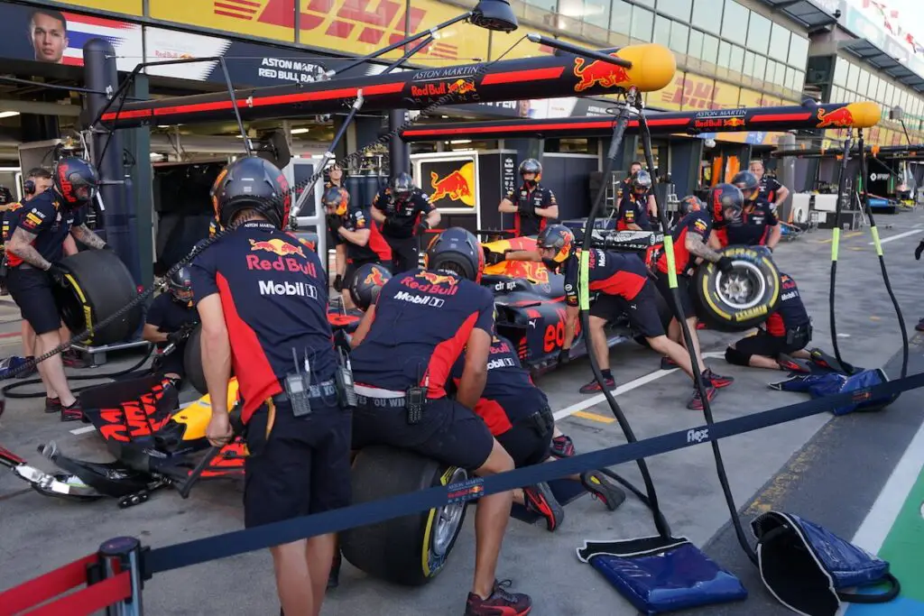Red Bull team pit stop practice at the 2020 Australian Grand Prix. Image © Andrew Balfour.