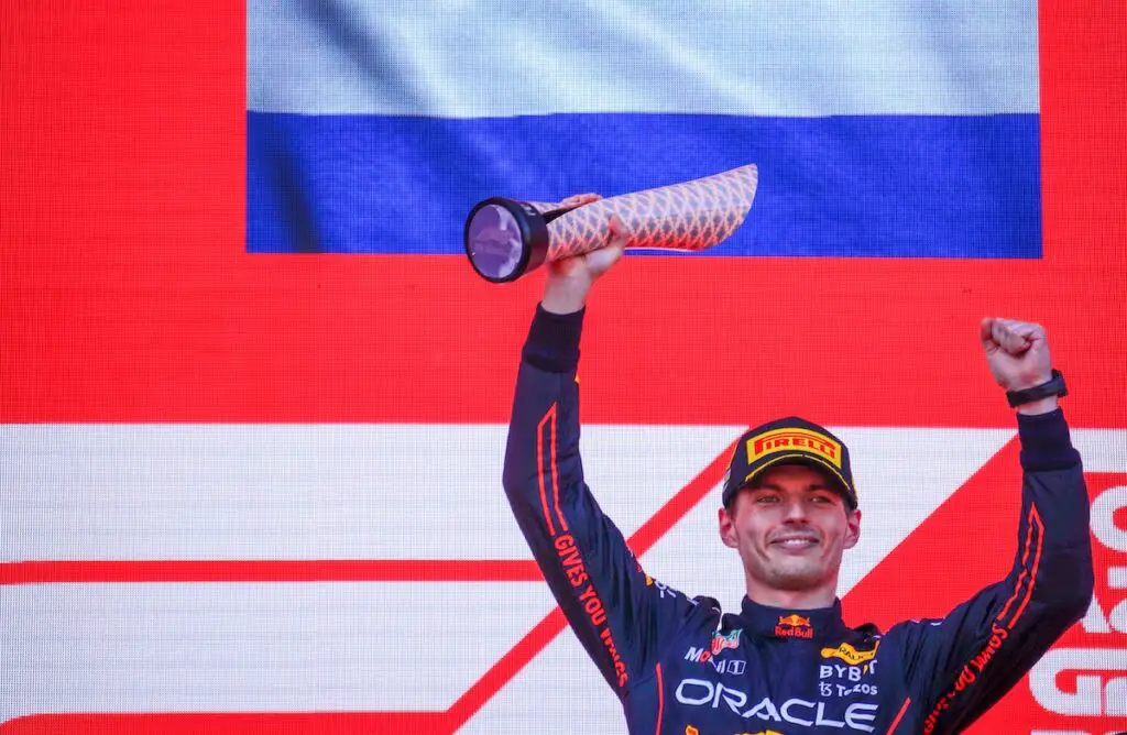 Max Verstappen on the podium at the 2022 Azerbaijan Grand Prix. Image: © Andrew Balfour.
