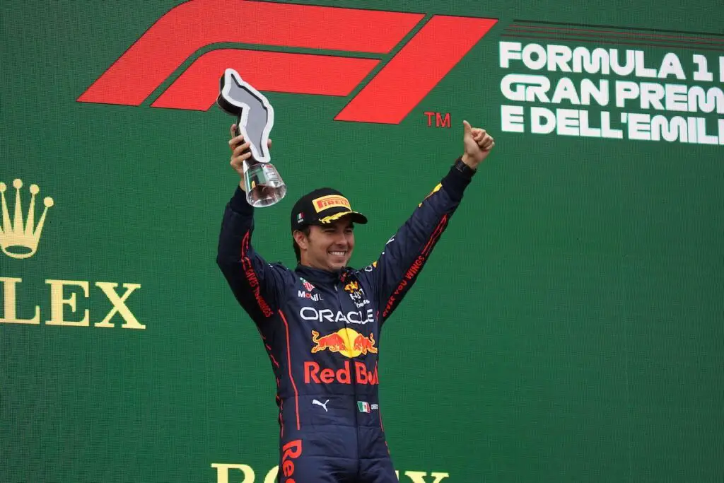 Sergio Perez on the podium at Imola. Image © Andrew Balfour.