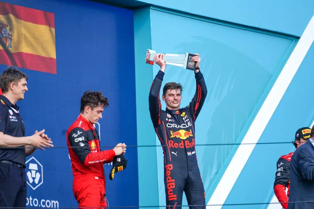 Max Verstappen on the podium at the 2022 Miami Grand Prix. Image © Andrew Balfour.