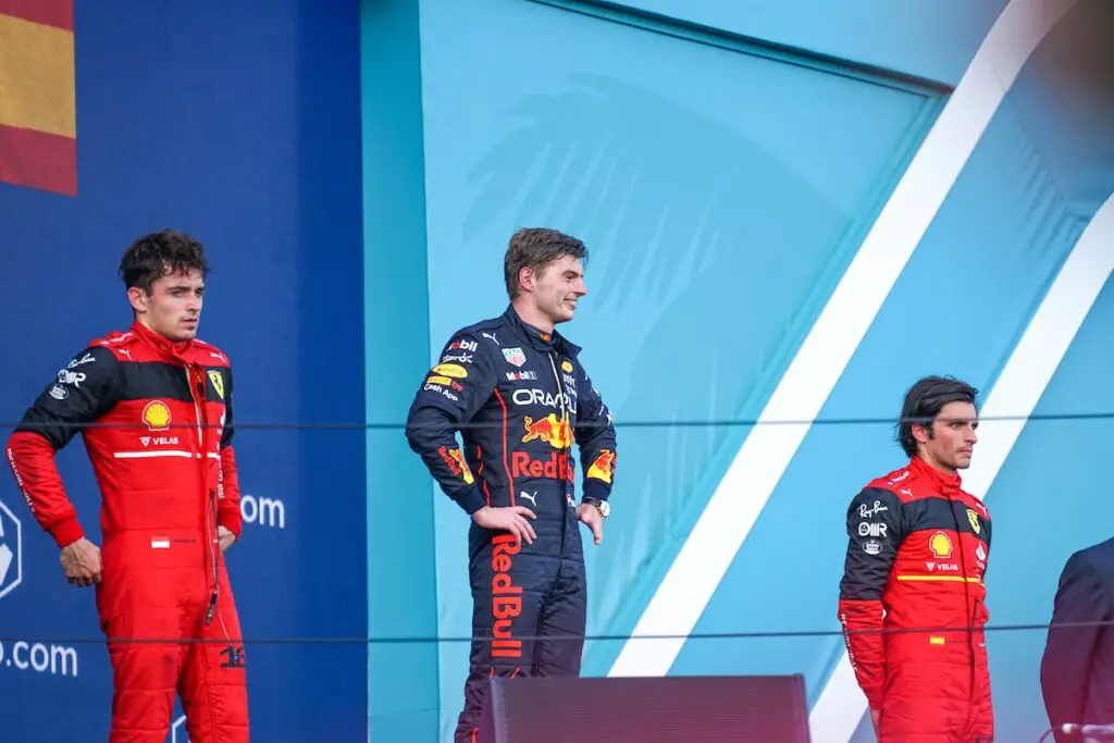 Verstappen on the podium after winning the inaugural Miami Grand Prix. Image: © Andrew Balfour.